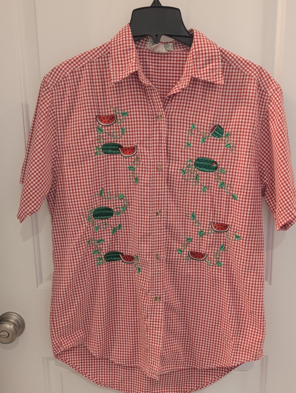 Women's Vintage Red Check Button-Up Shirt with Watermelon Embroidery Grannycore